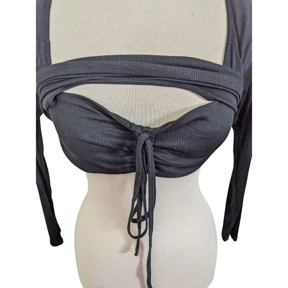 Active USA Womens L Long Sleeve Crop Top Lot of 2 Ruched Tie Front Double Layer - Picture 6 of 8